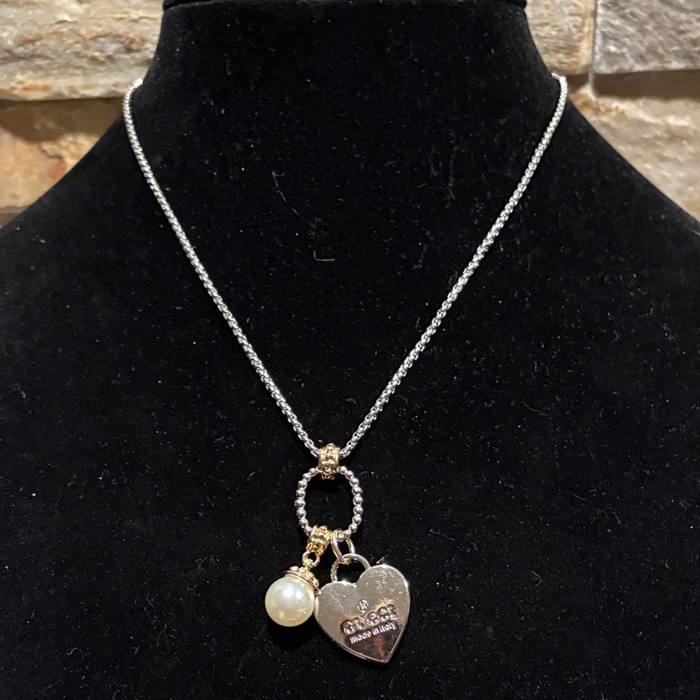 Silver Heart Pendant Necklace with Upcycled GG heart charm & Pearl Charm - Picture 1 of 6